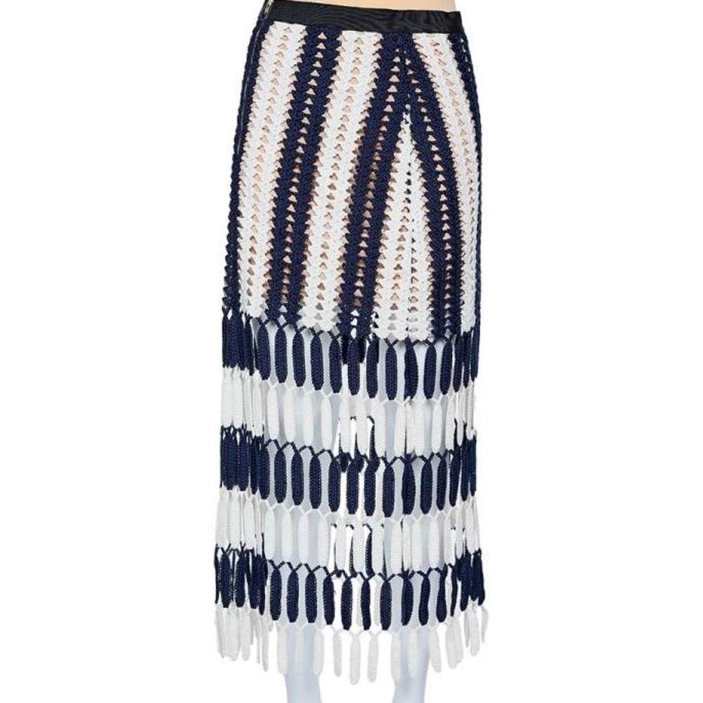 Self-Portrait Navy and White Midi Skirt